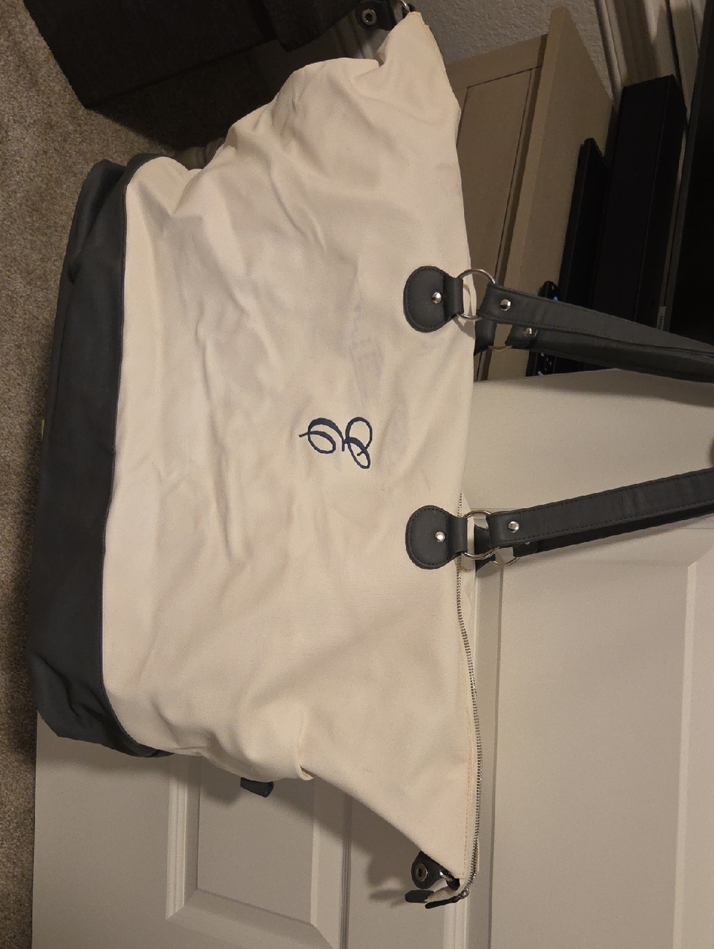 Large Two-Tone Monogrammed Weekender Duffel Bag - Grey & Cream - Picture 8 of 8
